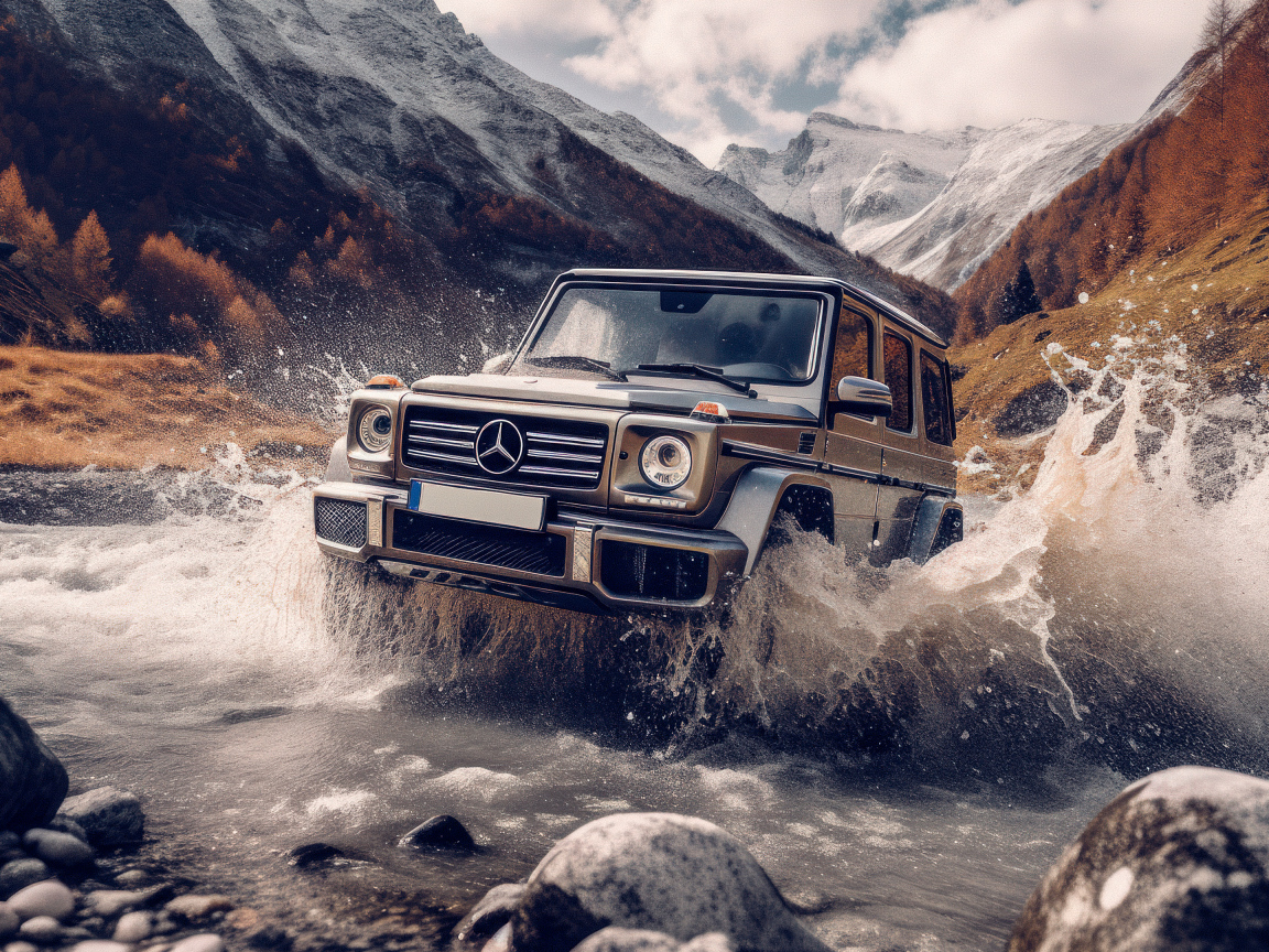 Автомобиль Mercedes-Benz G63 AMG едет по реке