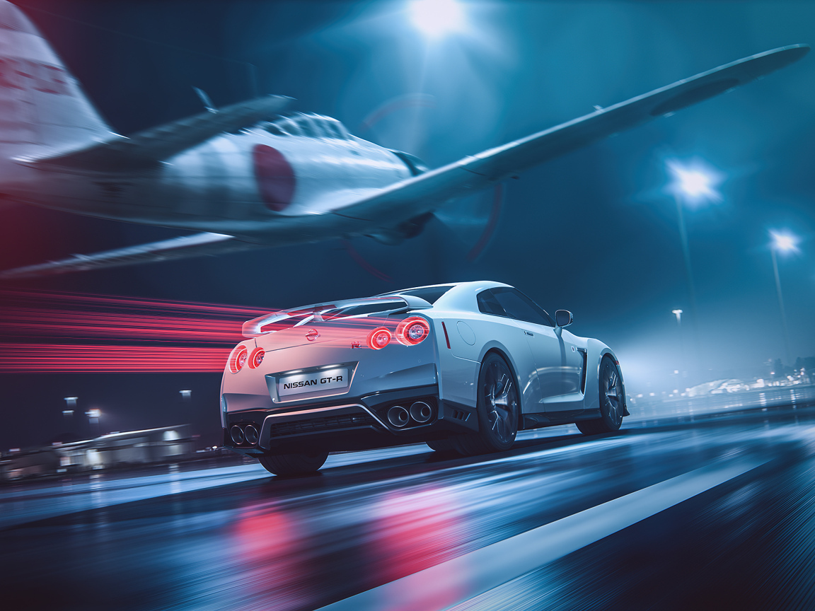 Самолет пролетает над автомобилем Nissan GT-R