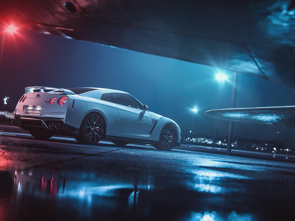 Автомобиль Nissan GTR в свете фонарей