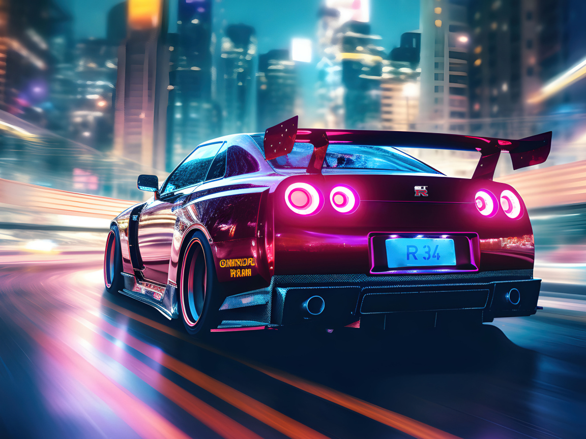 Вид сзади на автомобиль Nissan Skyline R34