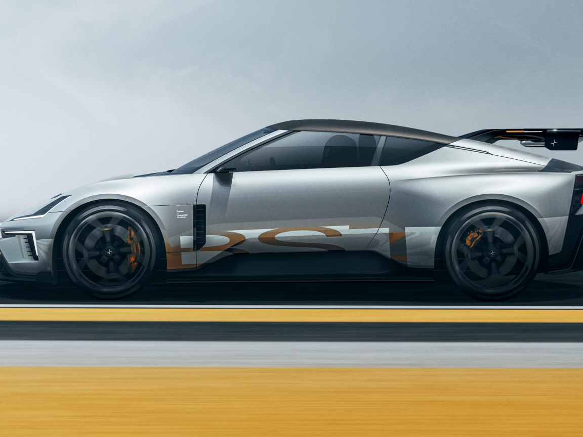 Вид сбоку на серебристый автомобиль Polestar Concept BST 2024 года