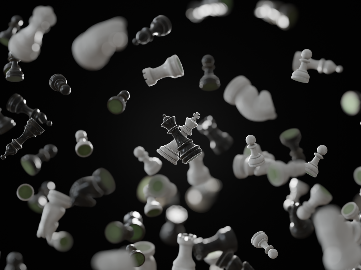 Черные и белые шахматные фигуры парят в воздухе
