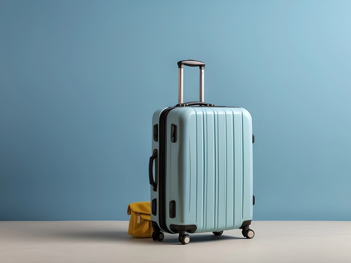 Большой голубой чемодан на голубом фоне