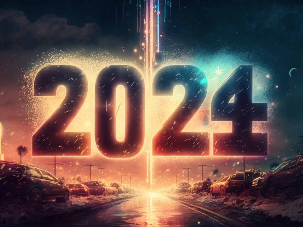 Цифры 2024 на фоне взрыва