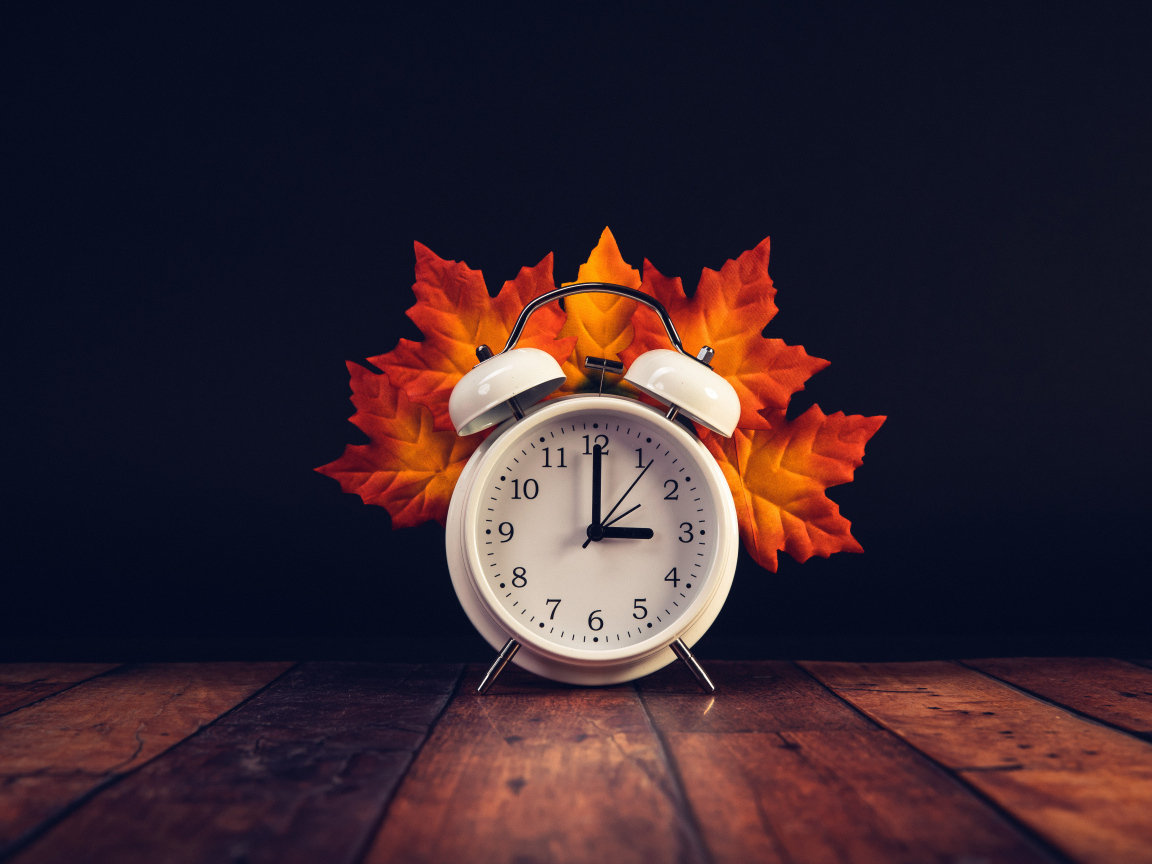 Белый будильник с оранжевыми листьями на столе