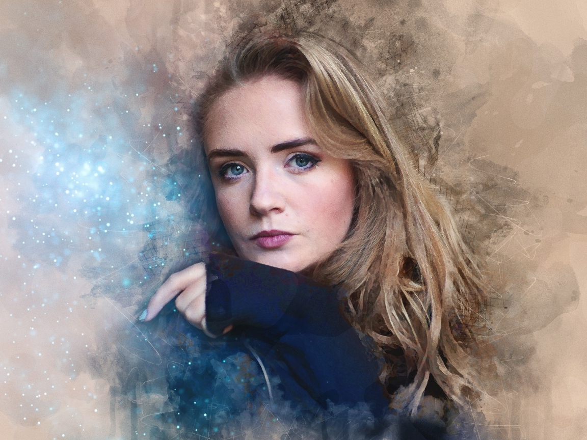 Красивая голубоглазая девушка на нарисованном фоне