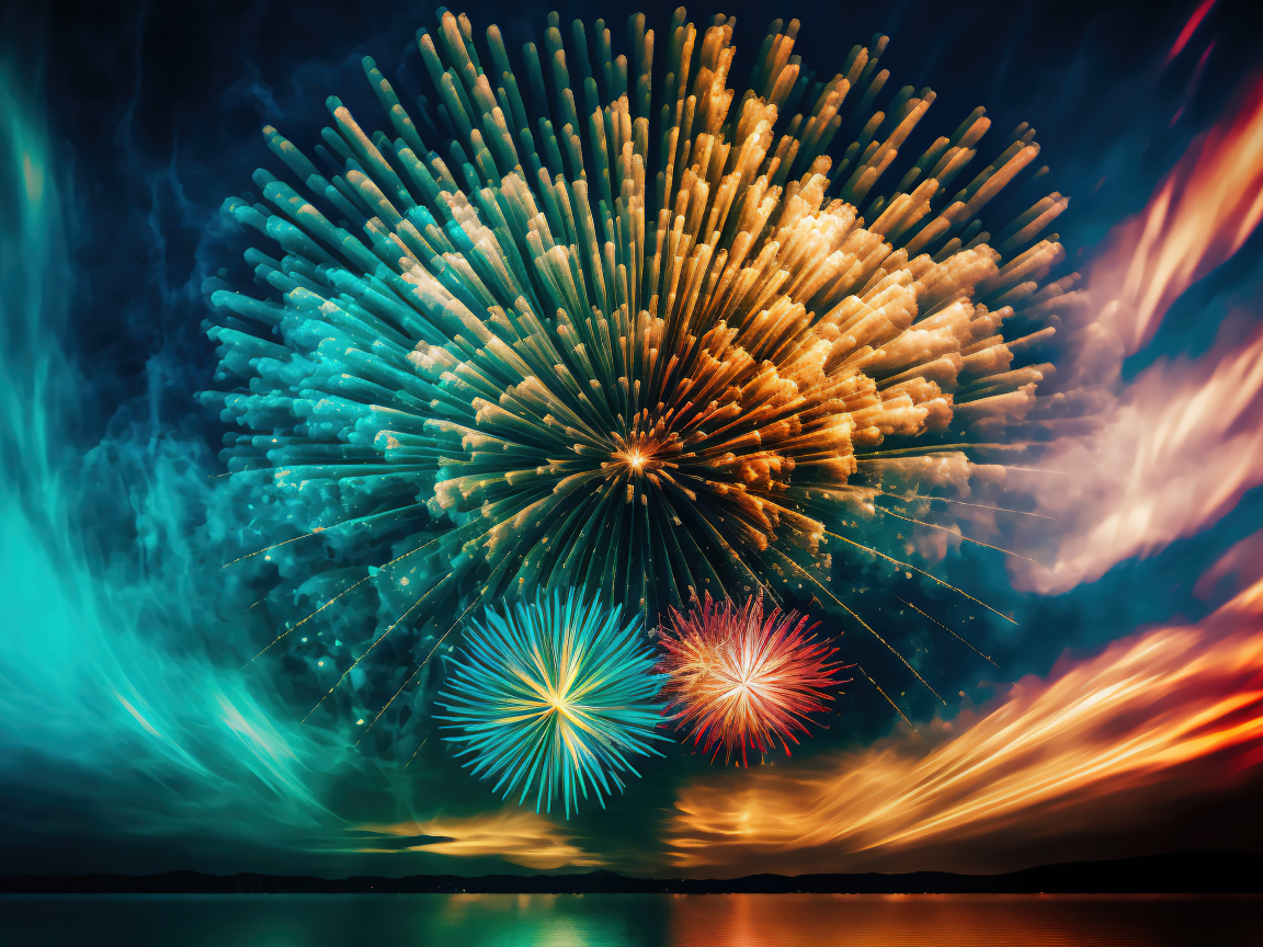 Яркий салют в необычном небе над водой