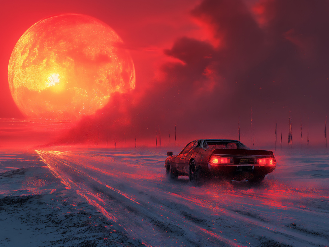 Автомобиль на дороге на фоне огненной луны