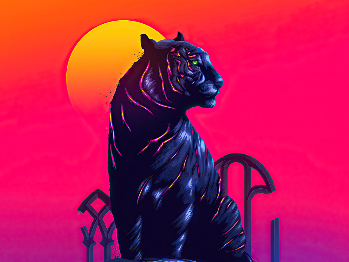 Нарисованный черный тигр на розовом фоне с луной