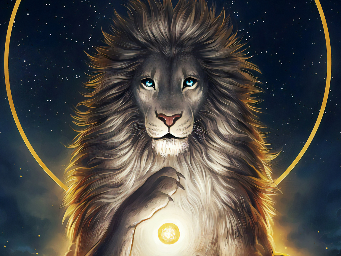 Нарисованный голубоглазый лев на фоне неба