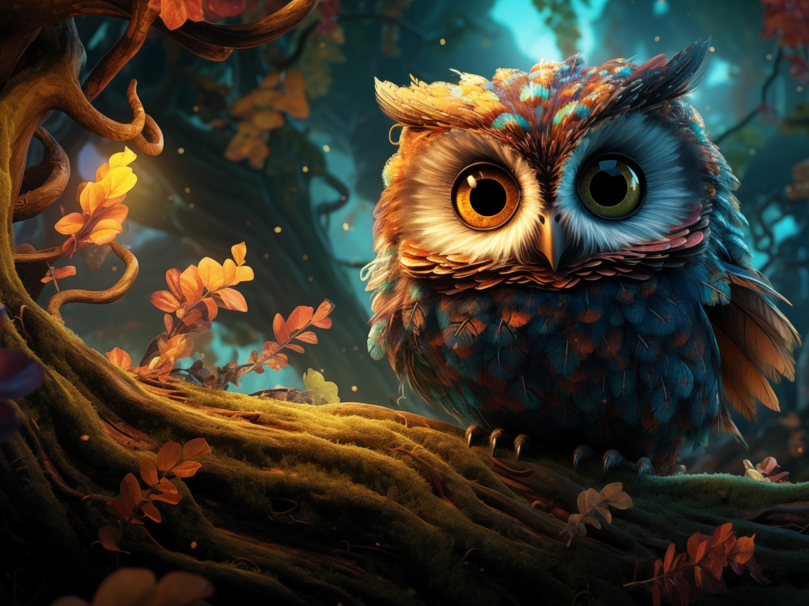 Нарисованная сова на ветке дерева в лесу