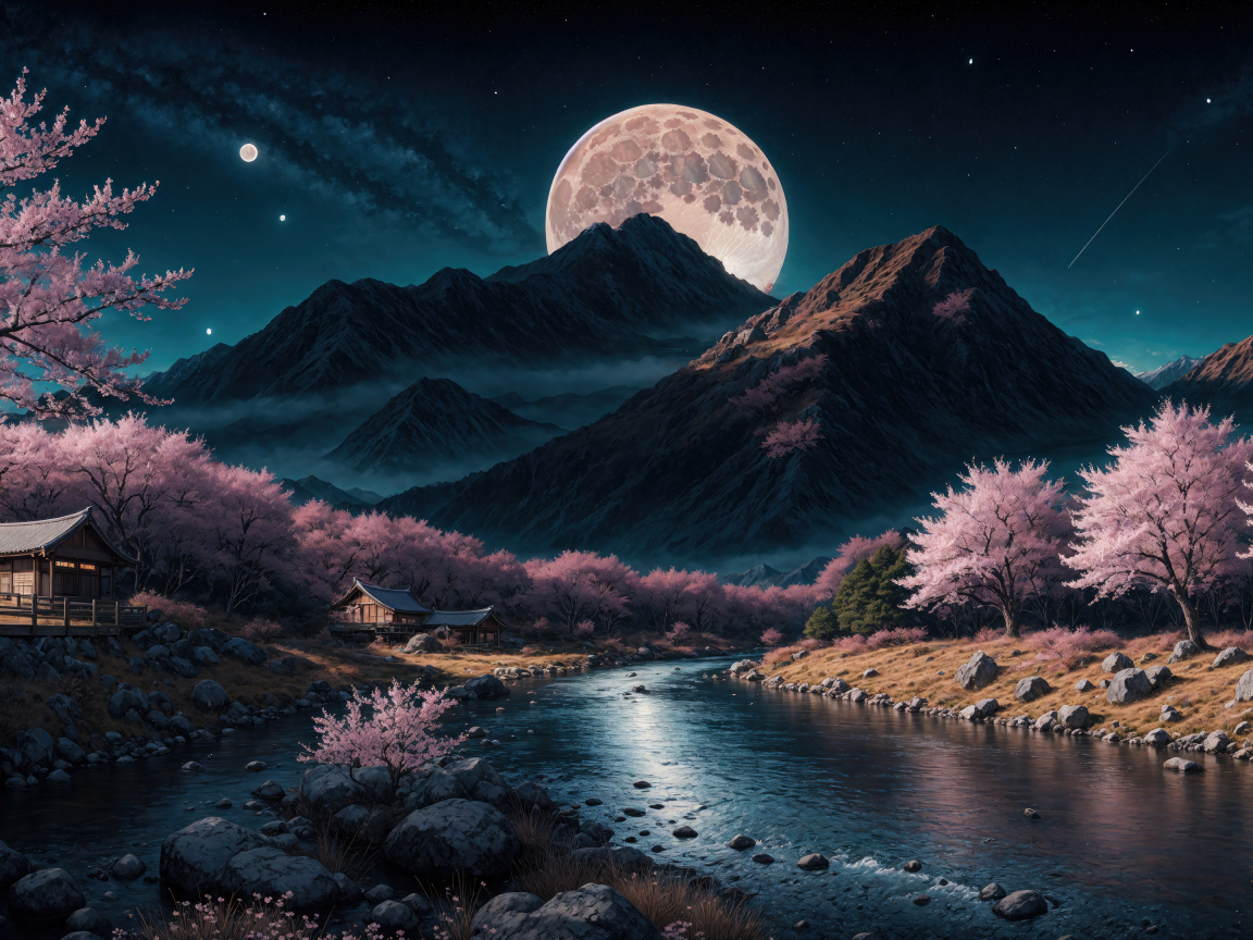 Нарисованная река с горой на фоне луны