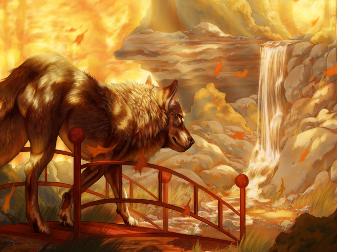 Нарисованный большой волк у водопада