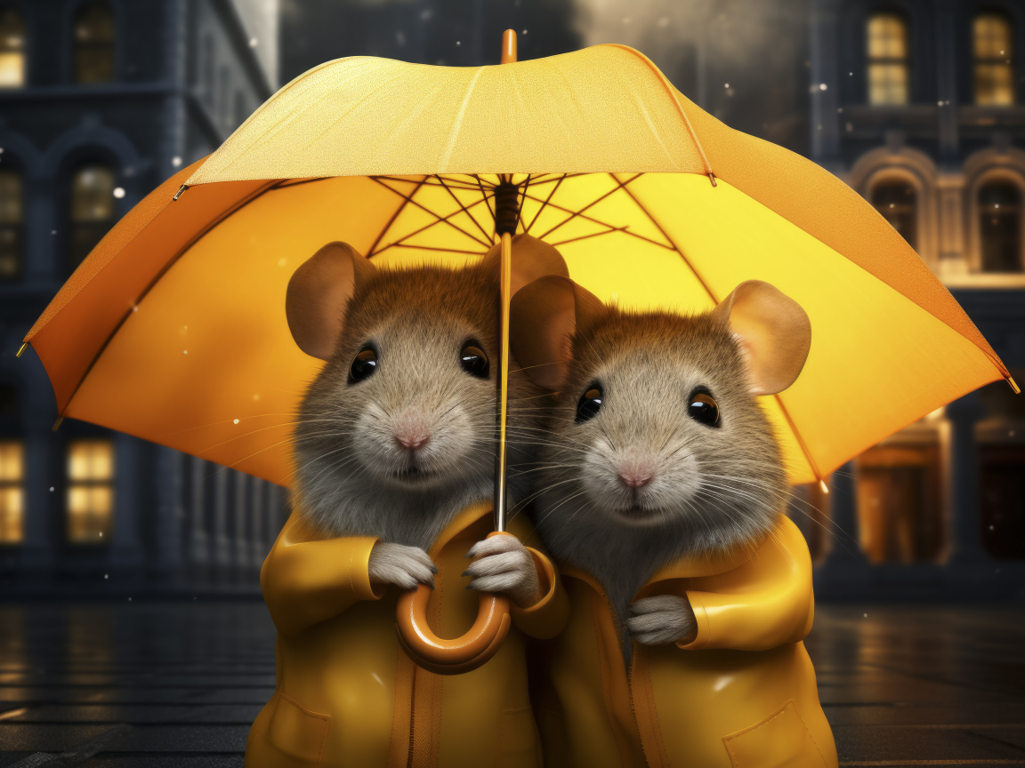 Две серые крысы под желтым зонтом