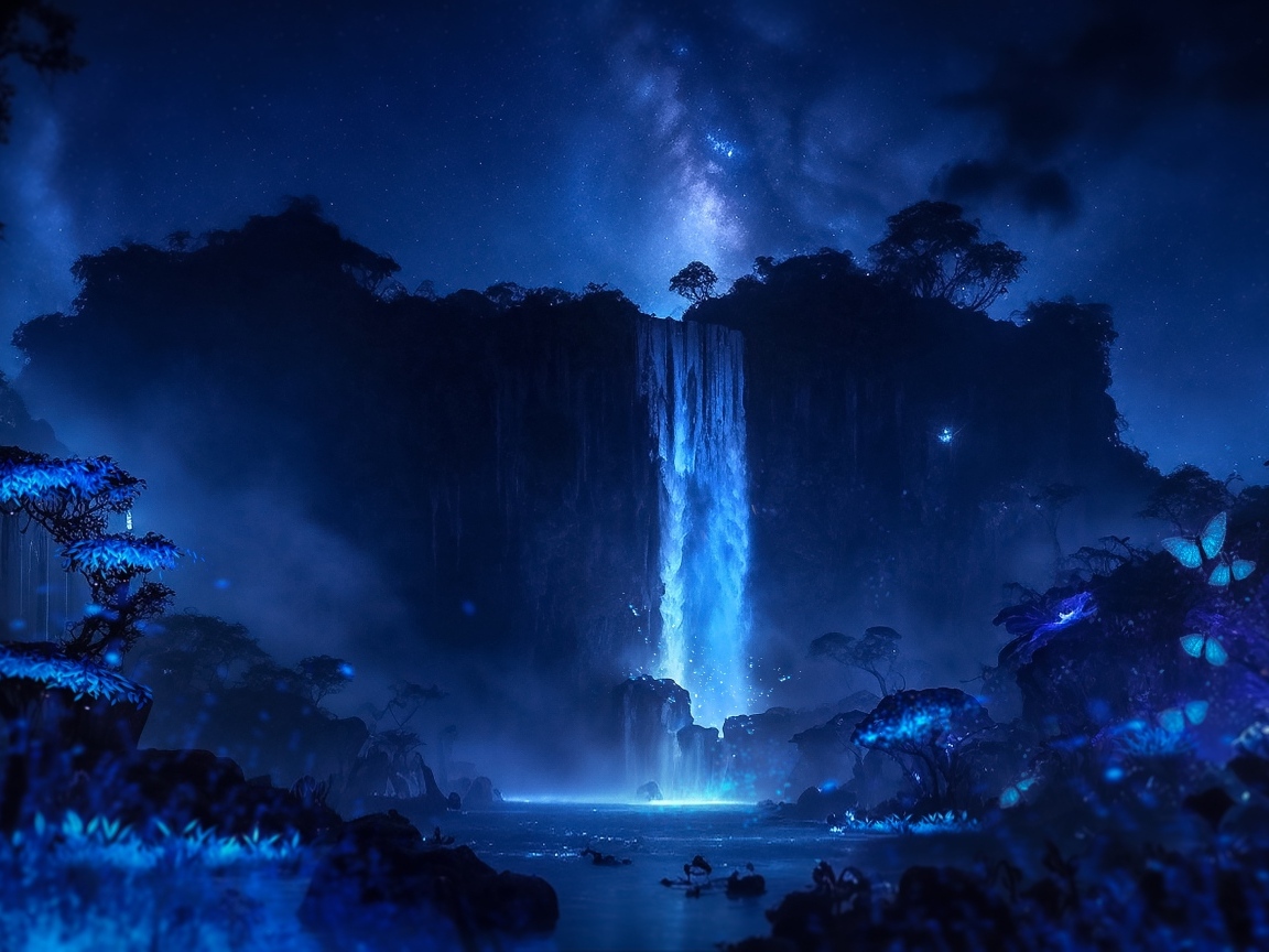 Фантастический водопад стекает с утеса в реку