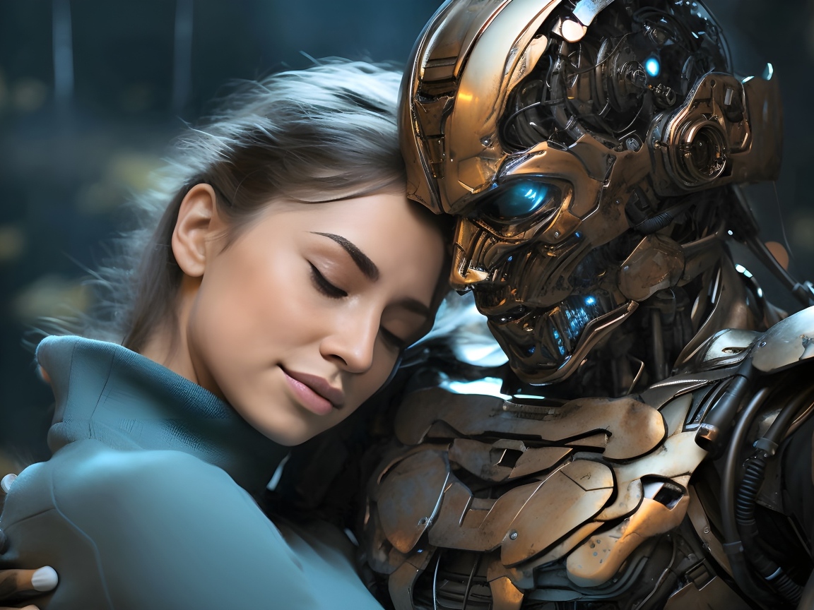 Молодую девушку обнимает железный робот