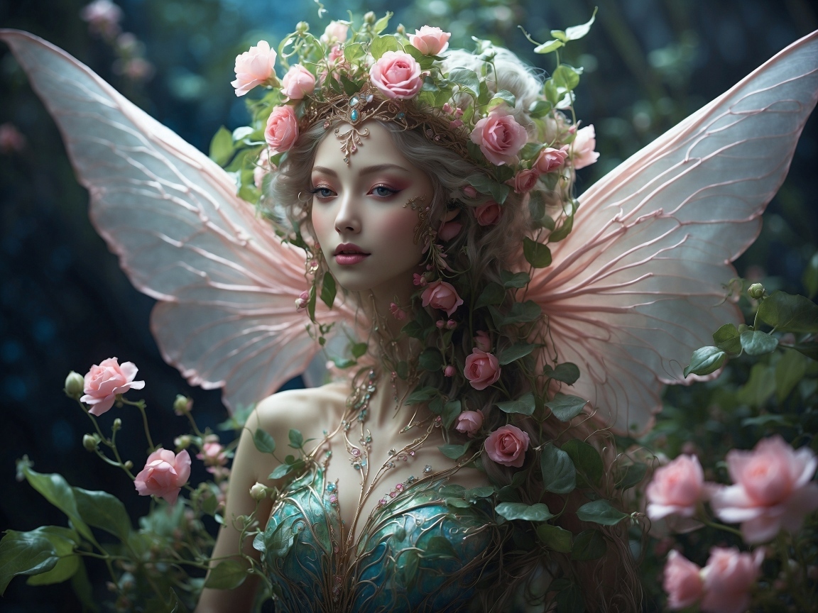 Красивая девушка фея с цветами на голове