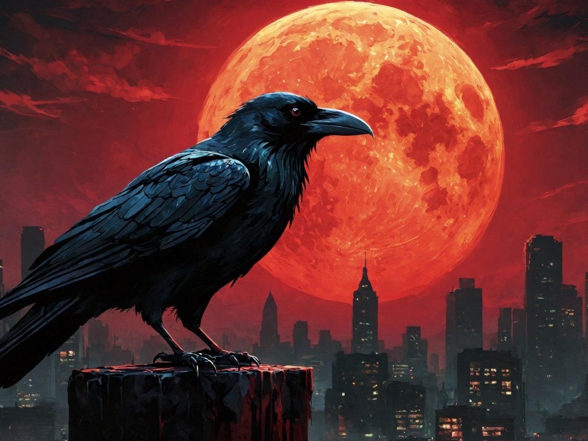 Черный ворон на фоне красной огненной луны