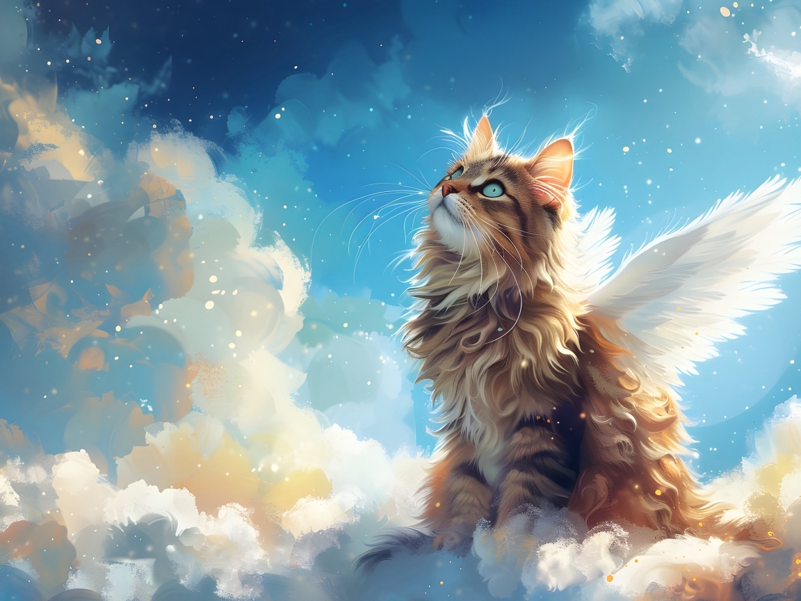 Кот - ангел с белыми крыльями сидит на облаке и смотрит вверх