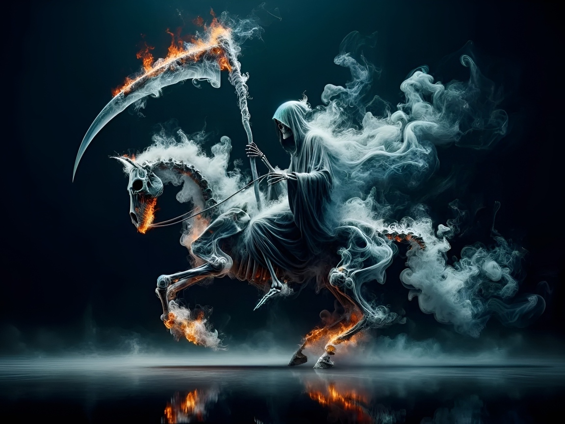 Смерть с косой скачет на скелете лошади в огне и дыму