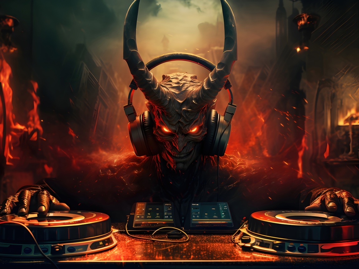 Демон диджей среди огня с большими наушниками