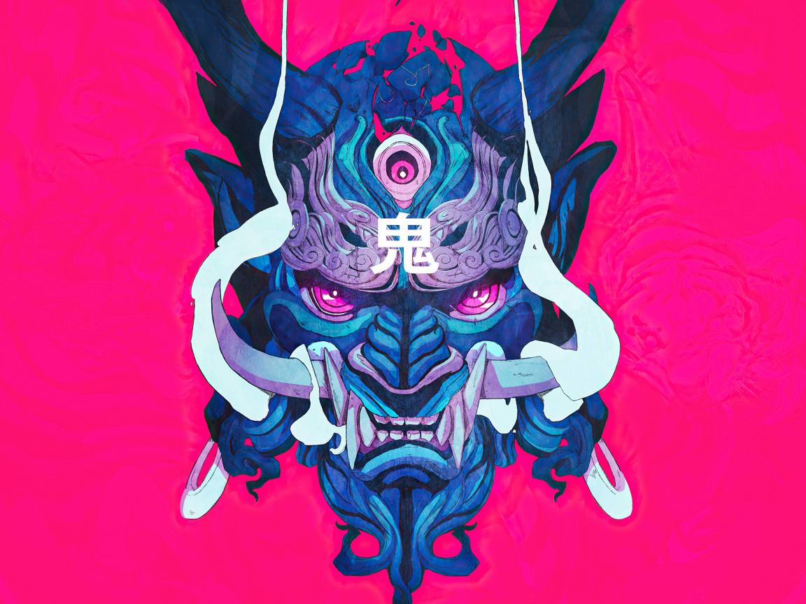 Маска демона на розовом фоне 