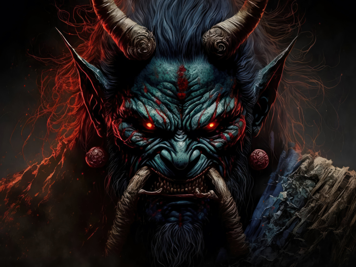 Демон с красными глазами крупным планом