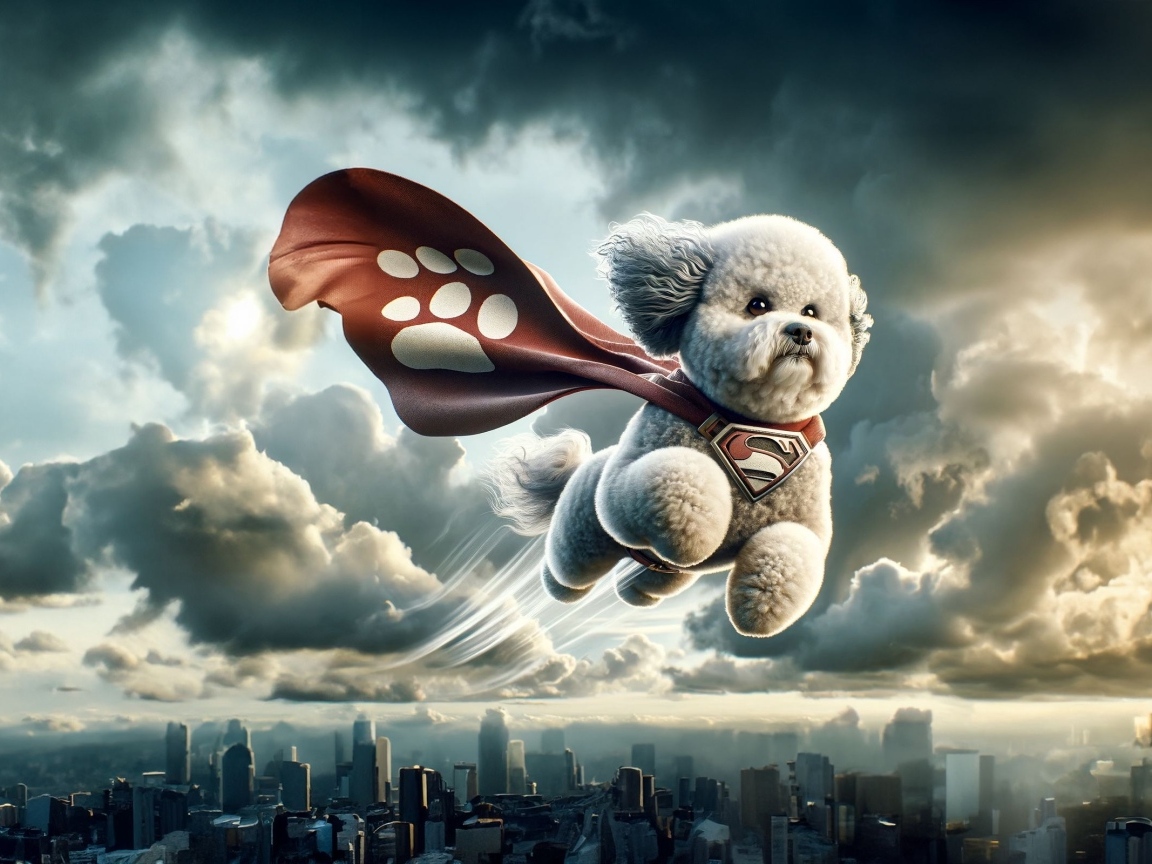 Летающая собака супергерой над городом