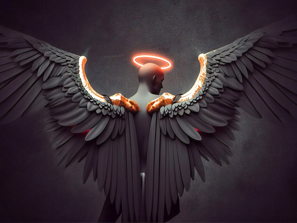 Мужчина с большими крыльями ангела на сером фоне