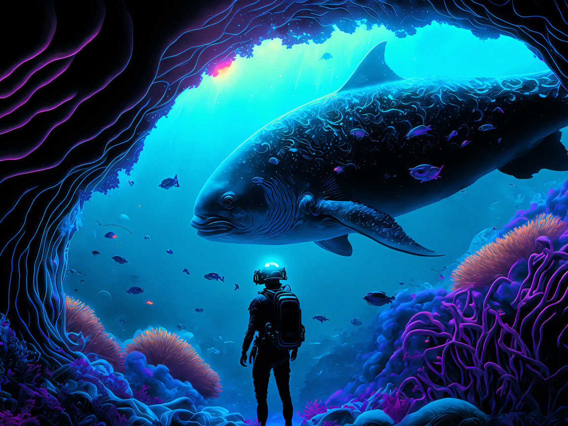 Аквалангист на морском дне с большой рыбой