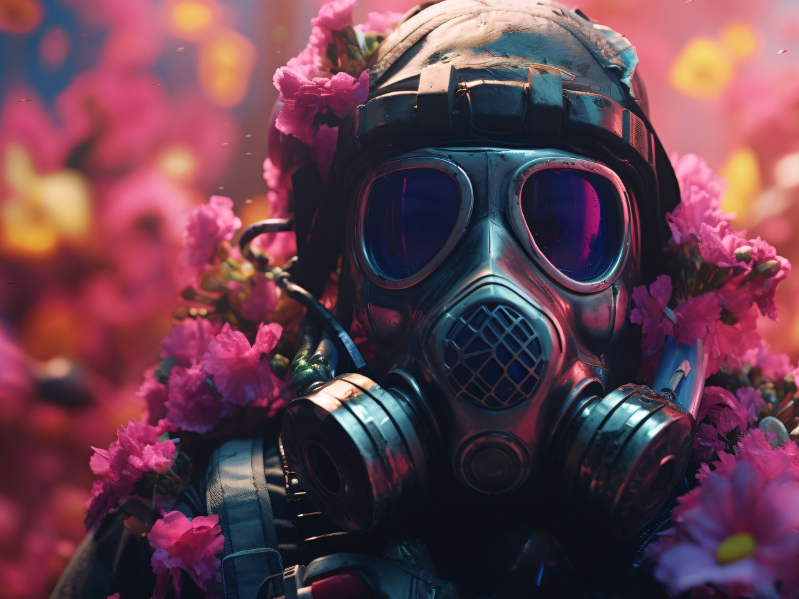 Солдат в противогазе в цветах