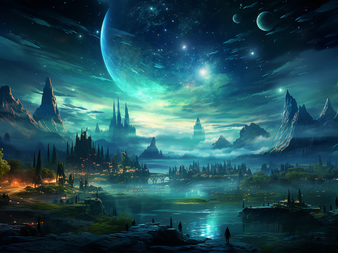 Вид на фантастический город ночью 