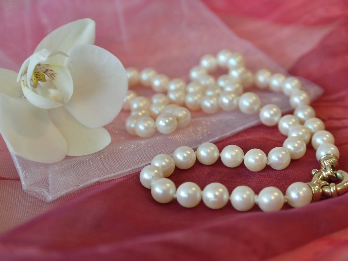 Жемчужные бусы с белым цветком орхидеи