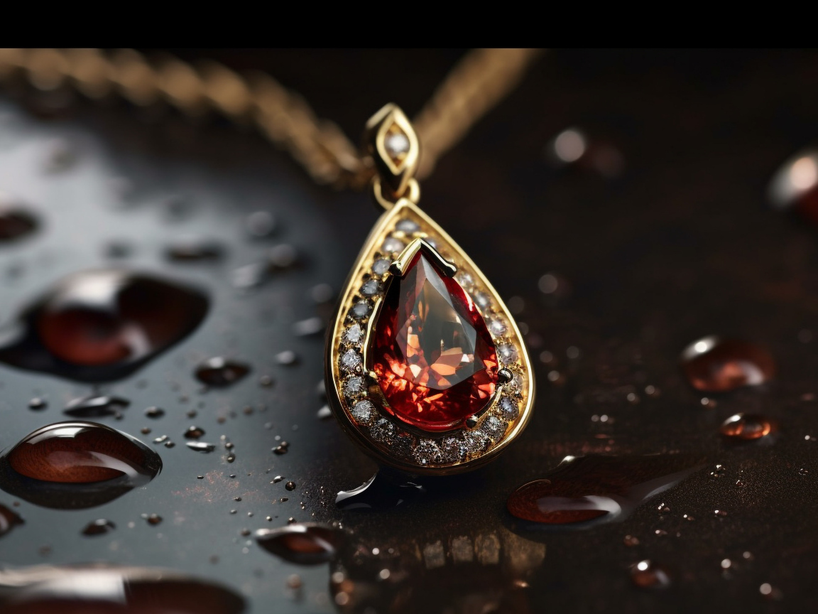 Кулон с красным камнем на мокрой поверхности 