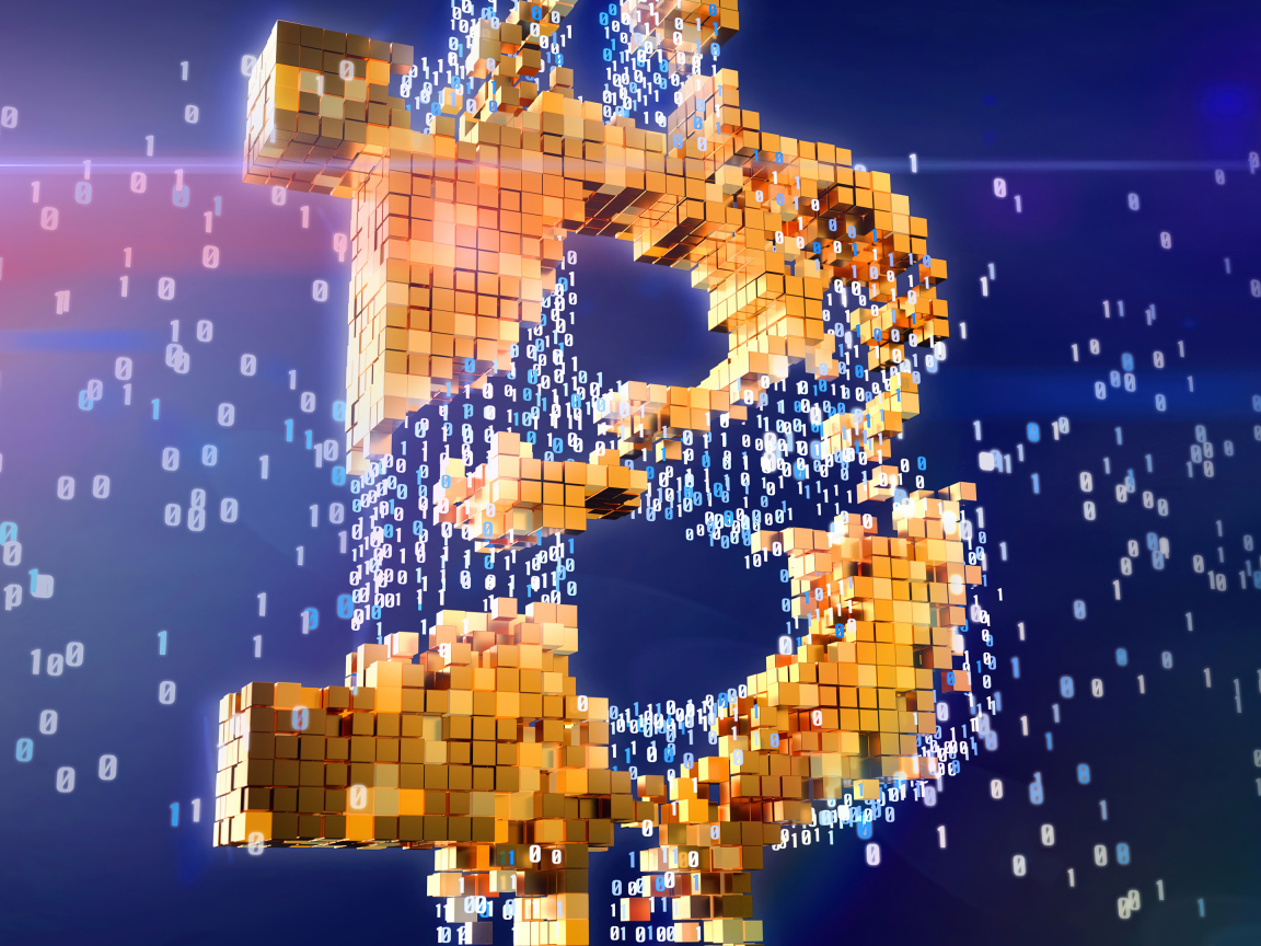 Значок биткоин разрушается на числа и пиксели