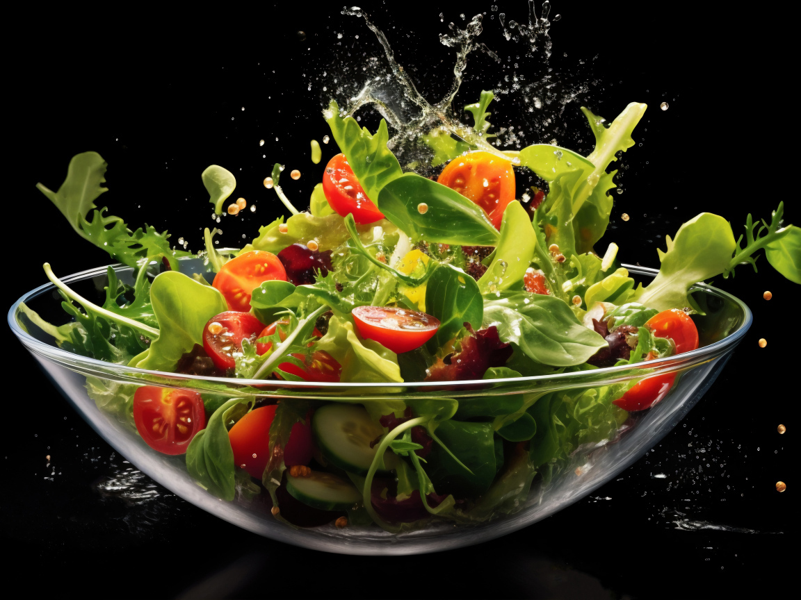 Свежий салат в стеклянной тарелке на черном фоне