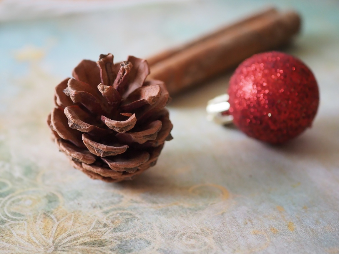 Шишка, шарик и корица на столе