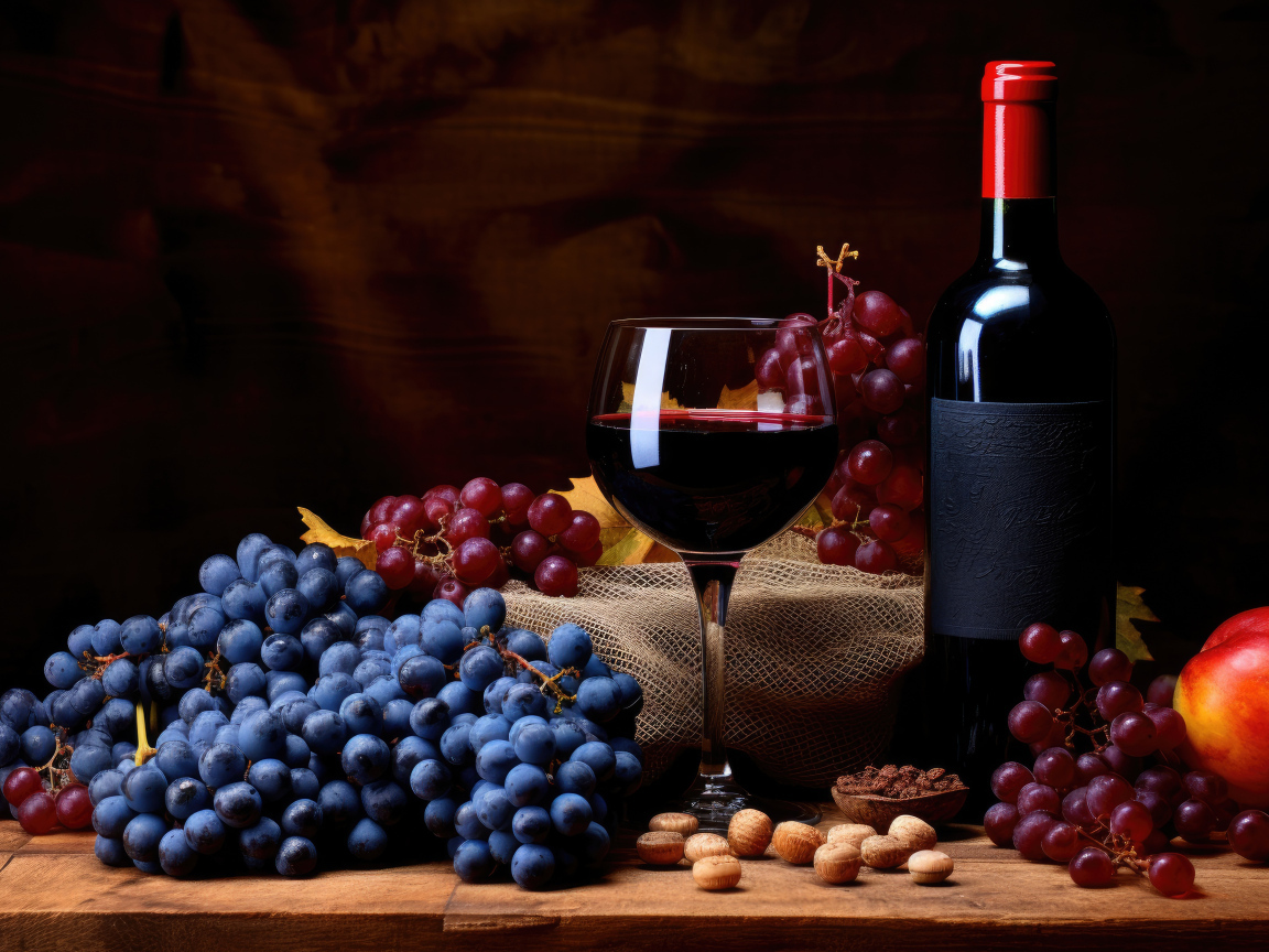 Синий и розовый виноград на столе с вином 