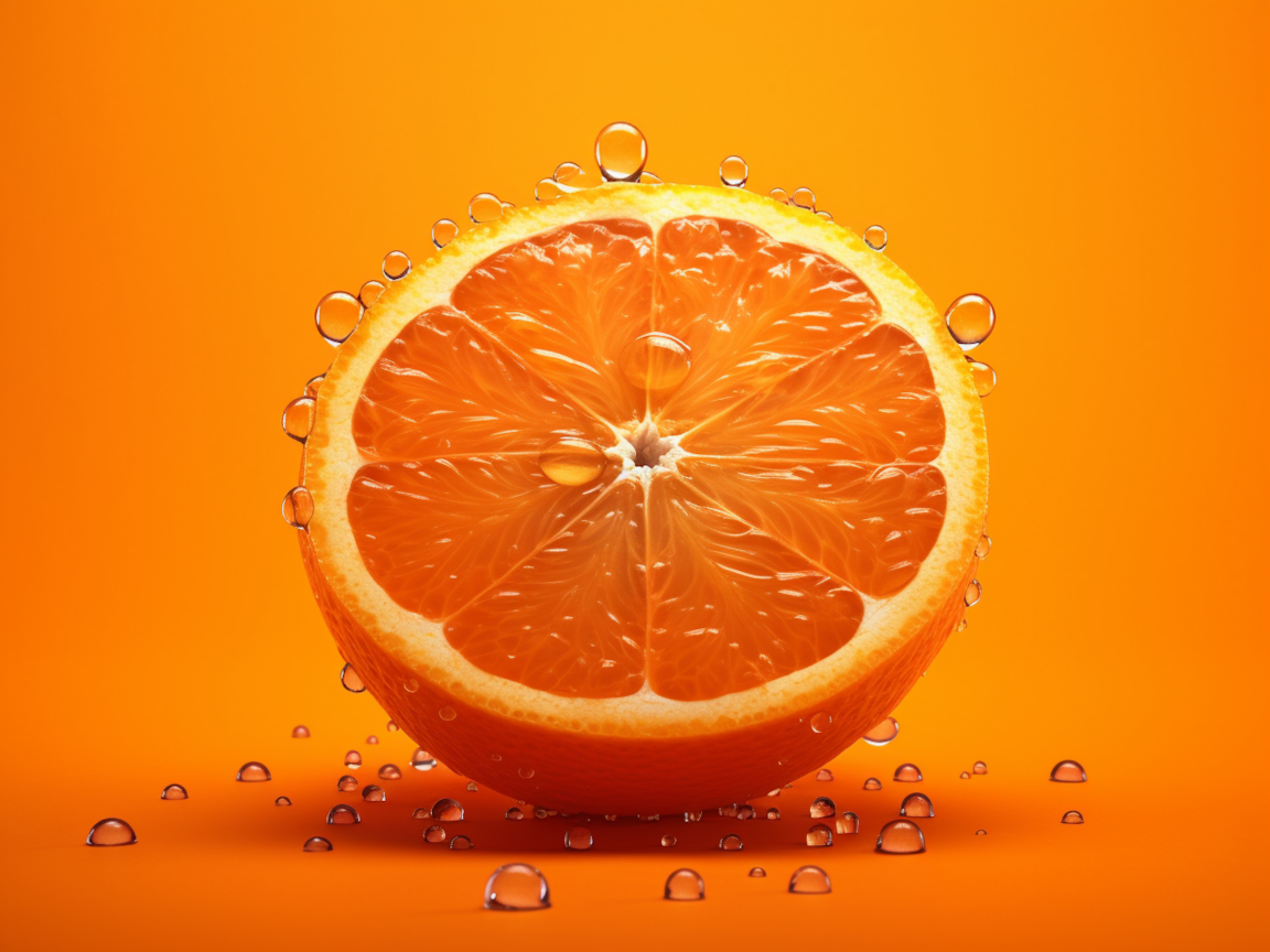 Половинка апельсина в каплях воды на оранжевом фоне