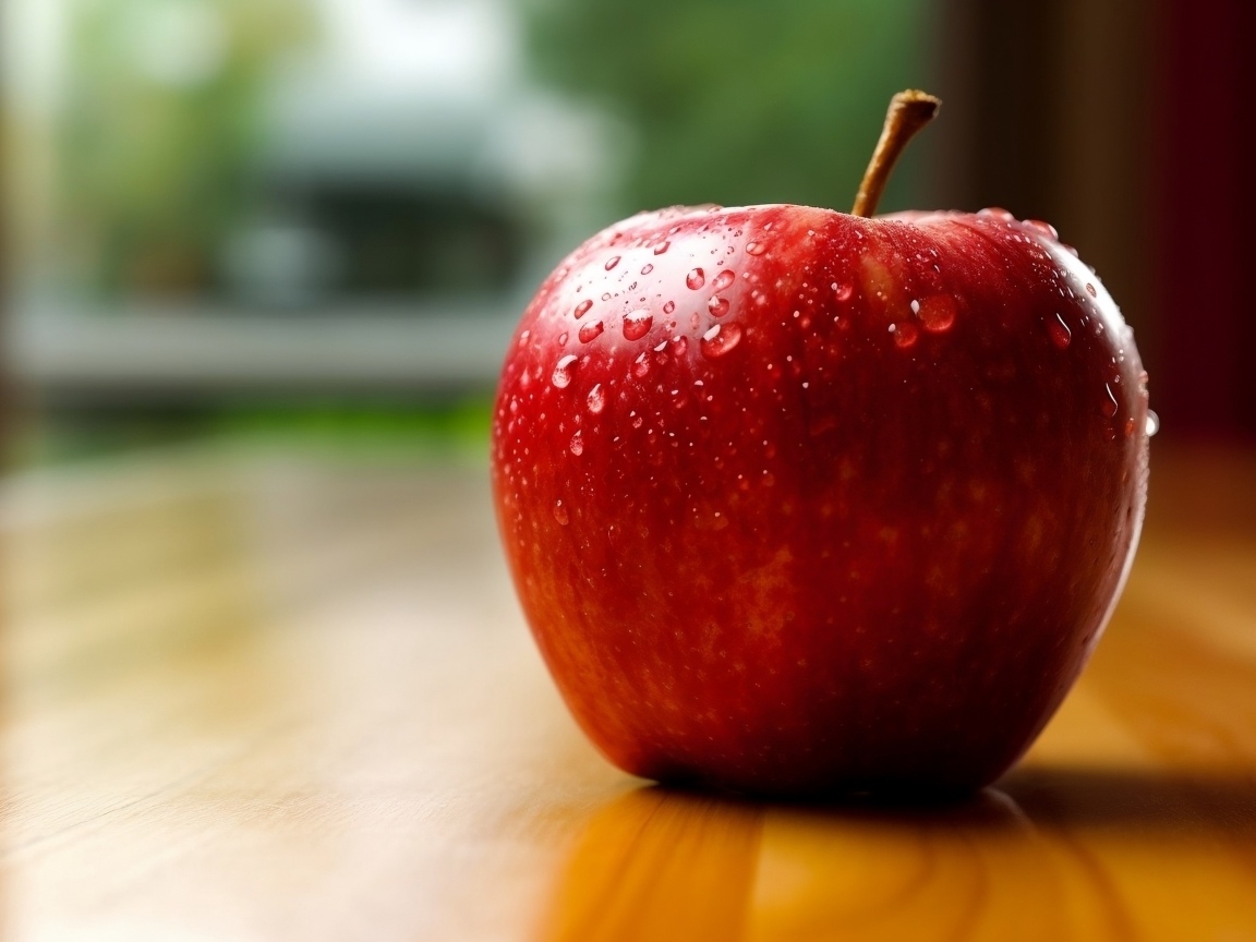 Красное яблоко в каплях воды на столе