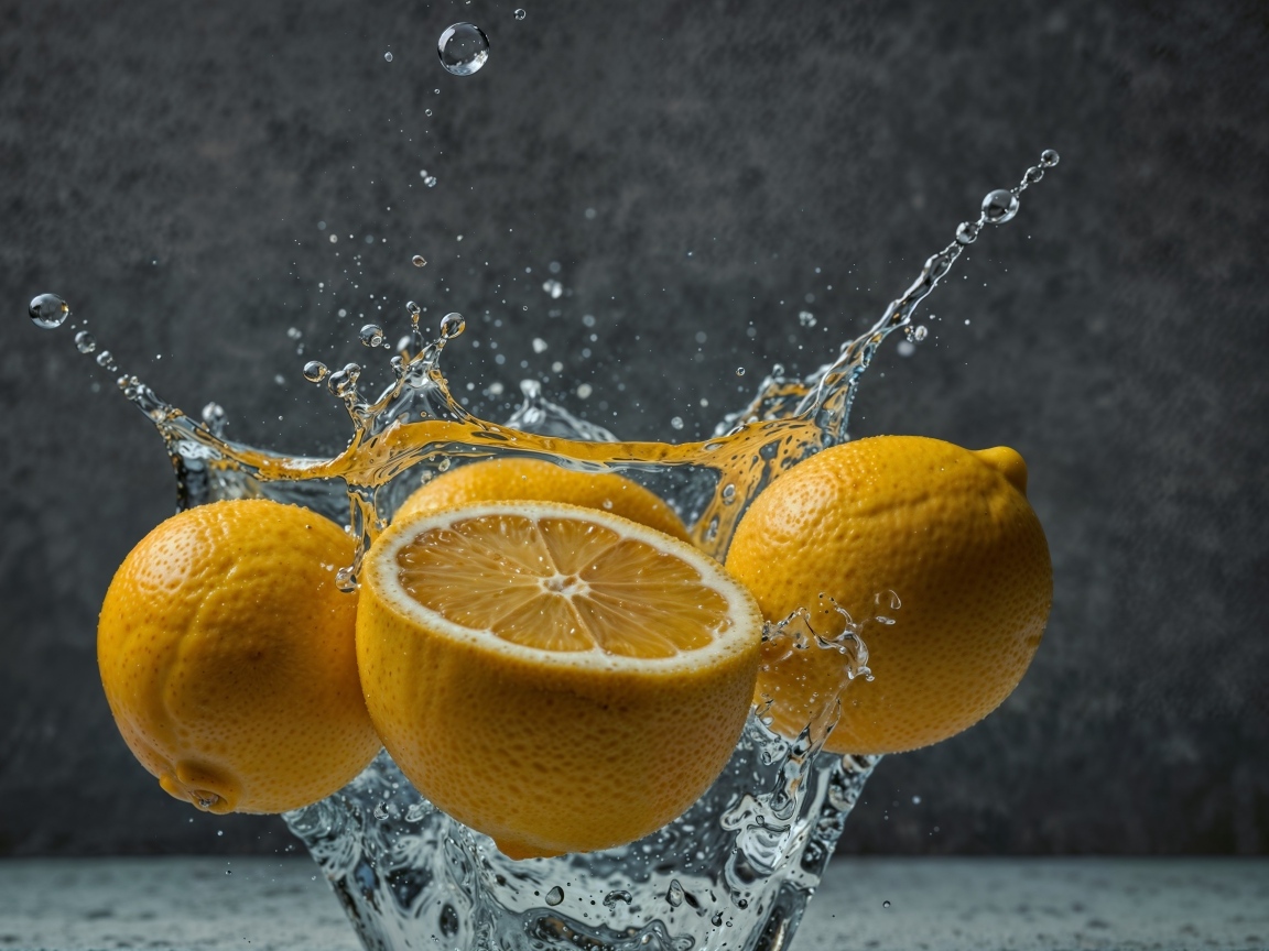 Желтый лимон в брызах воды на сером фоне