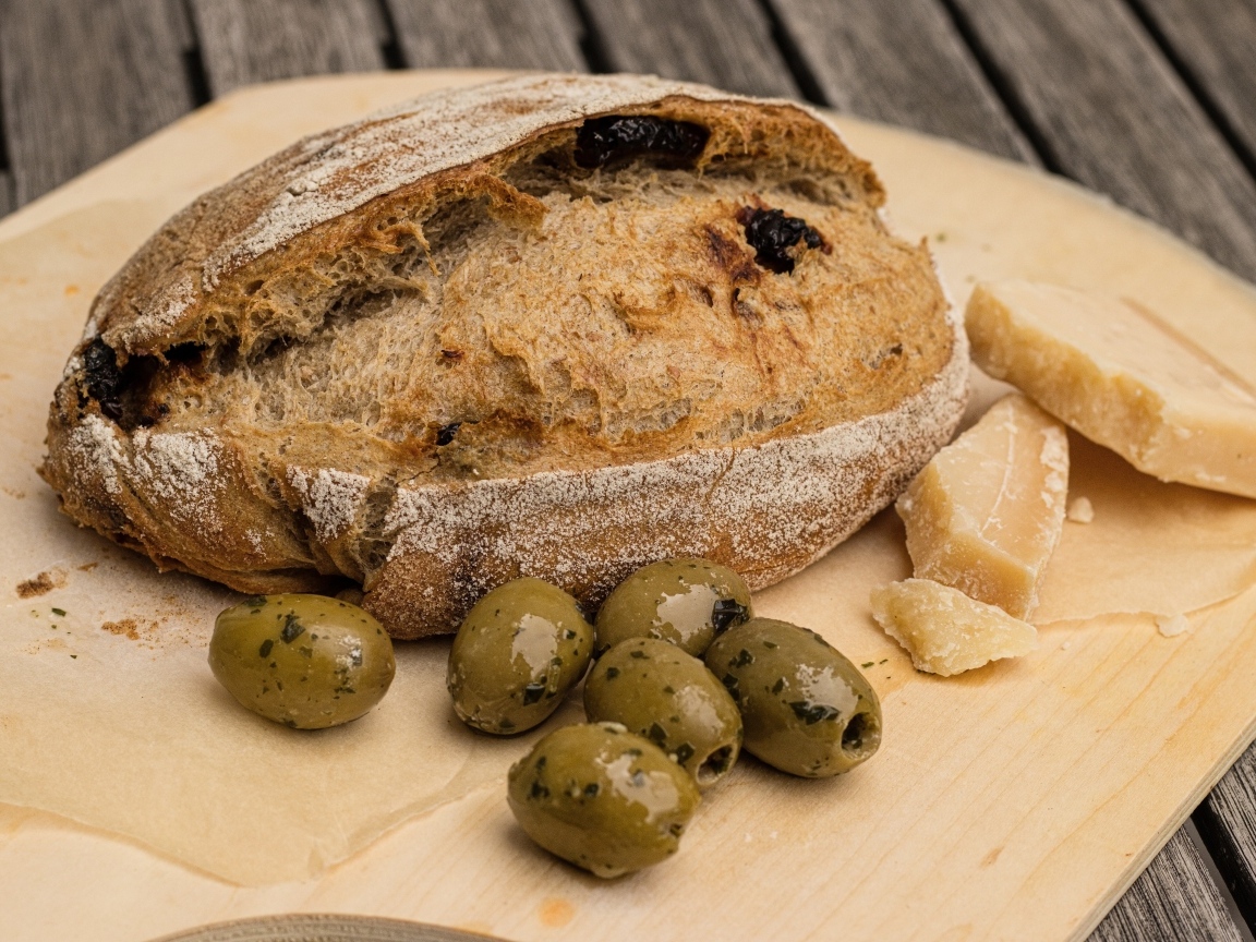 Свежий хлеб с оливками кусочками сыра