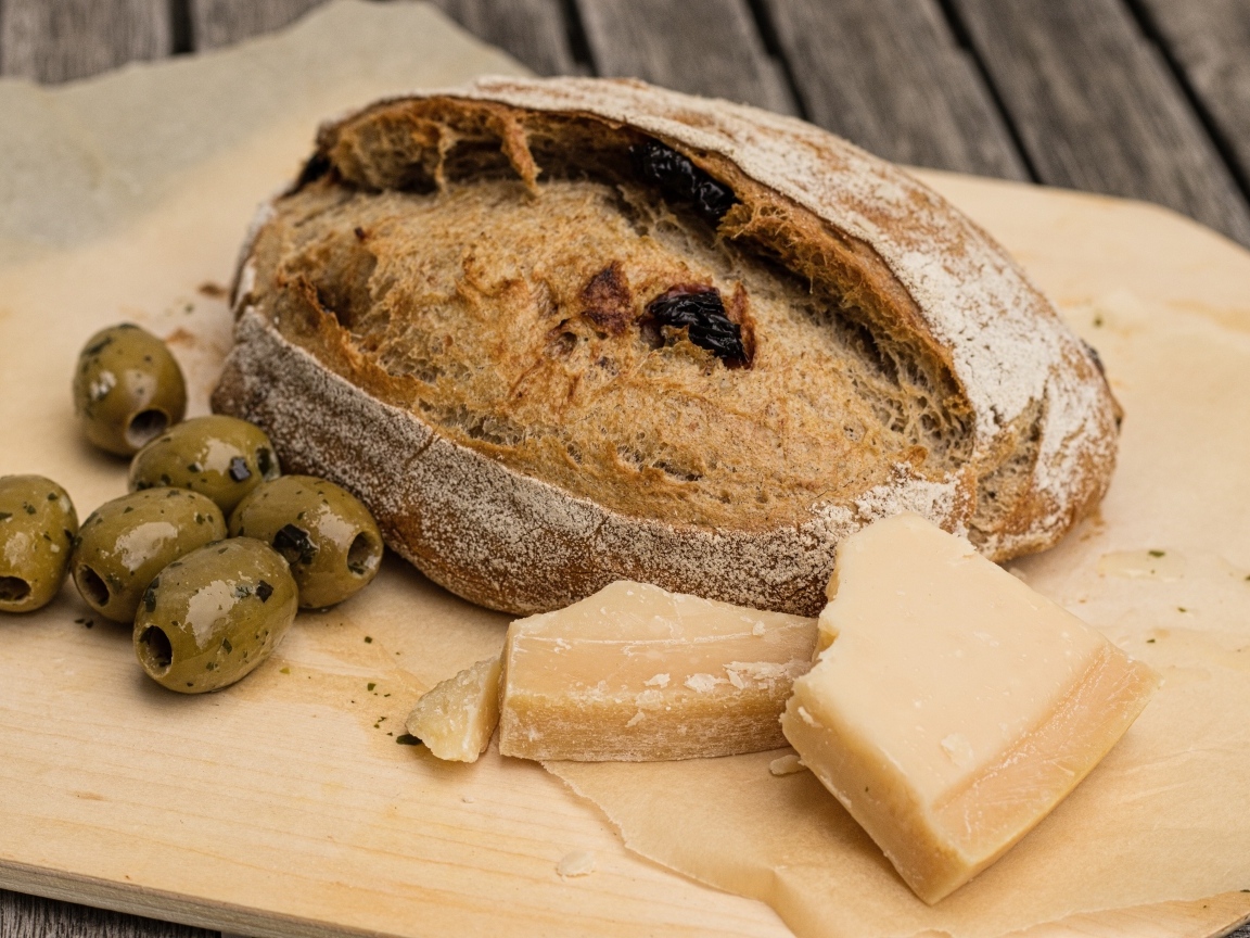 Буханка хлеба с сыром и оливками