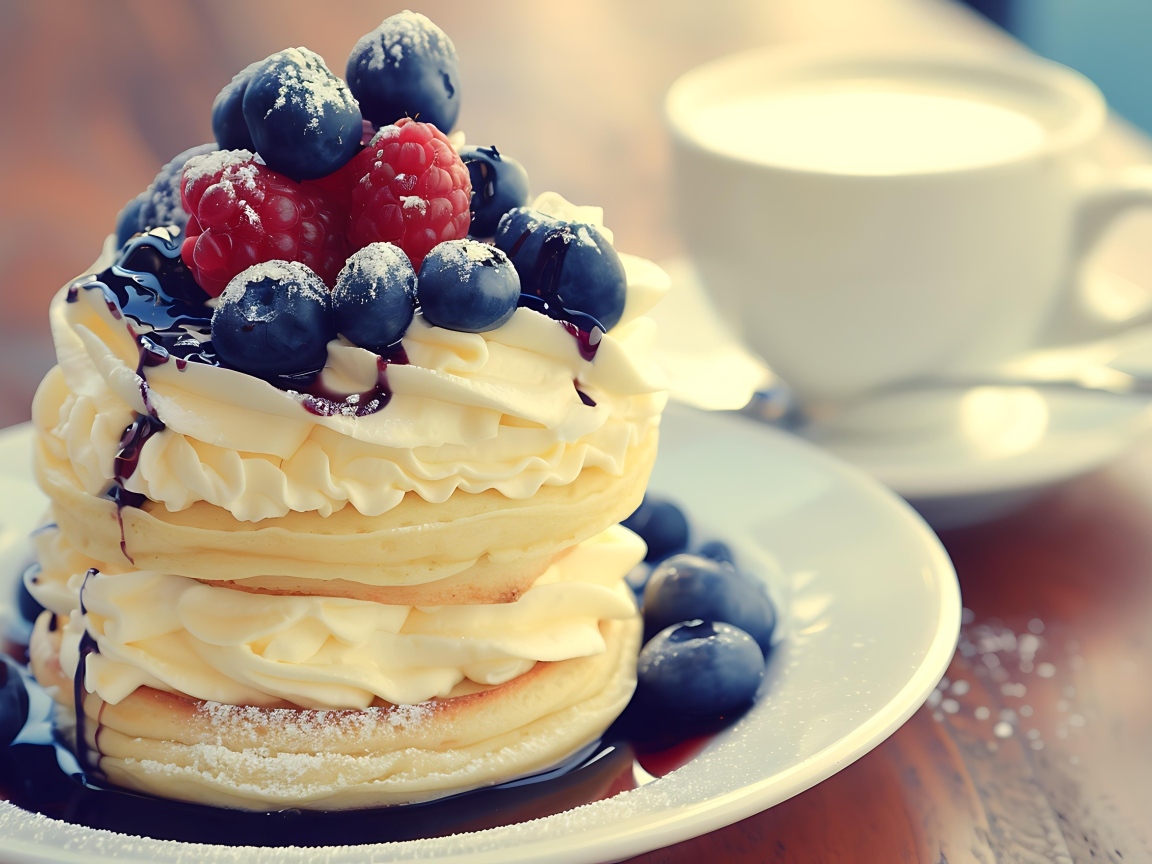 Сырники с кремом и ягодами на столе на завтрак