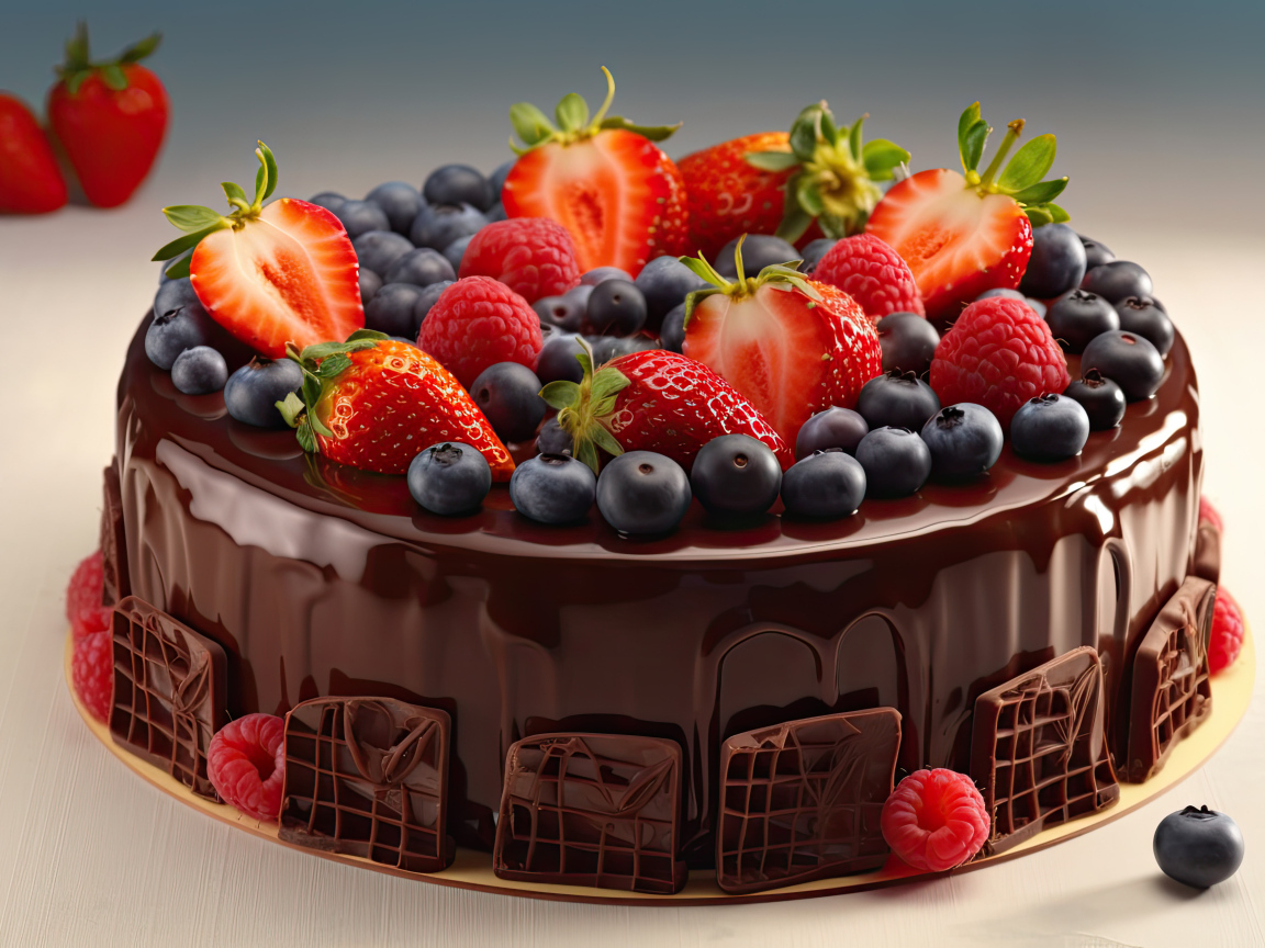 Торт в шоколаде с ягодами черники, клубники и малины