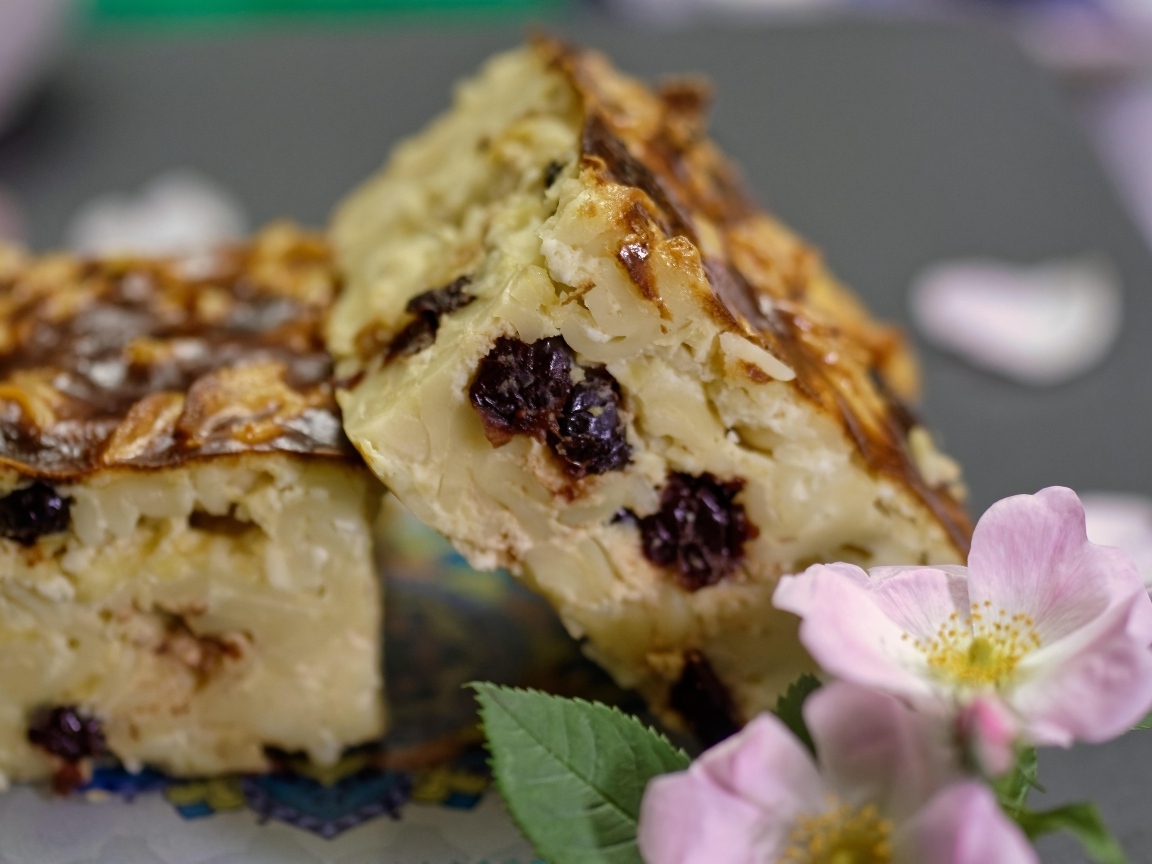 Кусочки запеканки с изюмом на столе