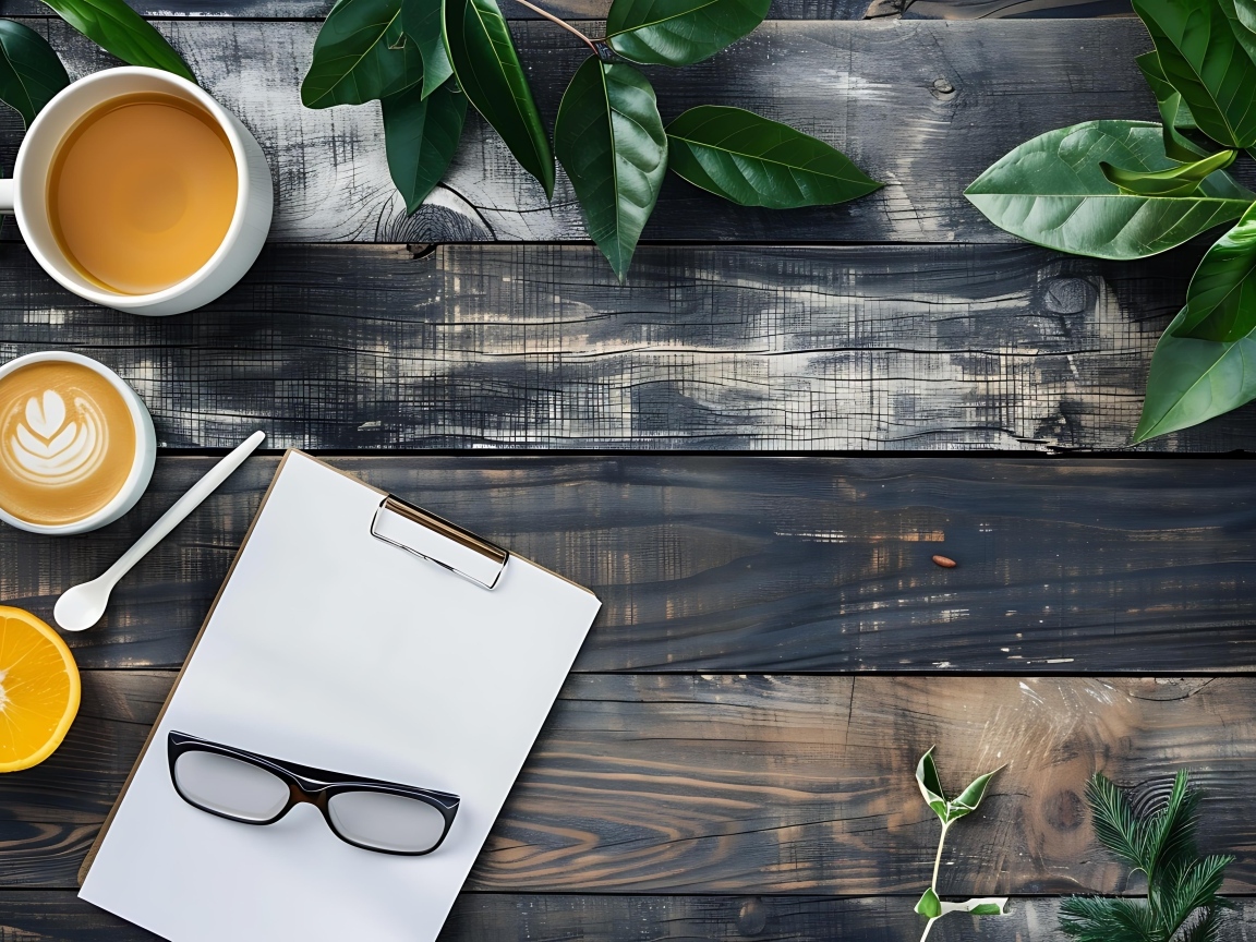 Кофе на столе с блокнотом, очками и зелеными листьями