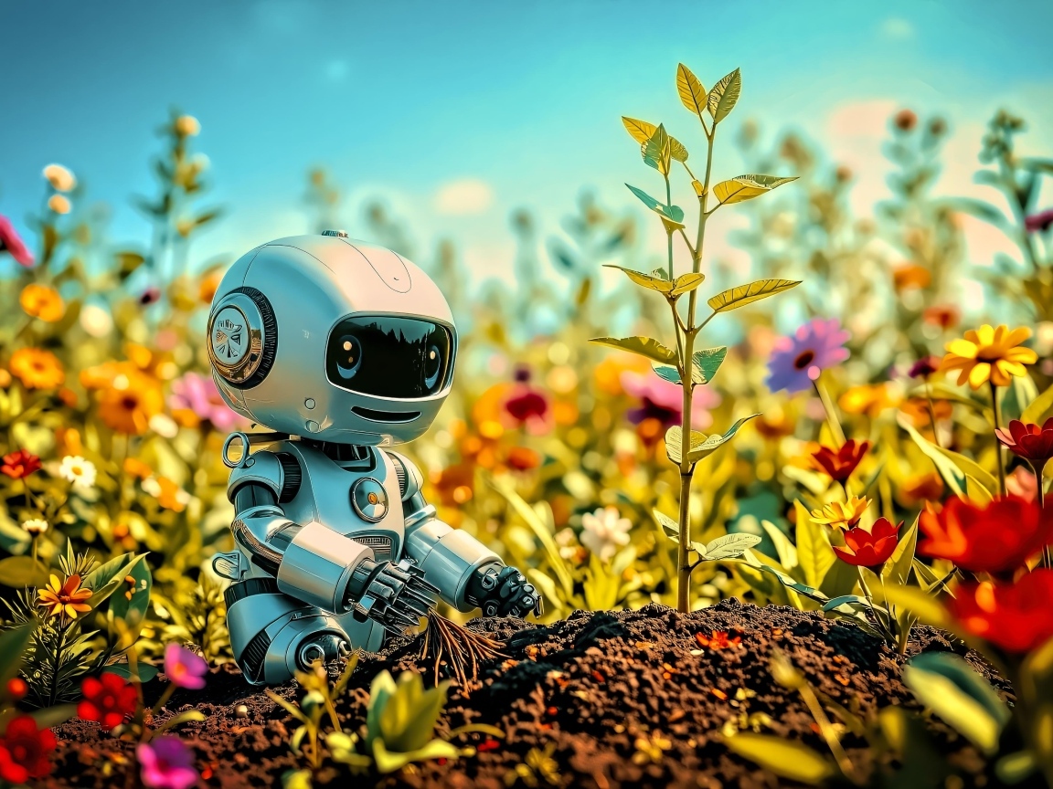 Игрушечный робот сидит на земле с растениями