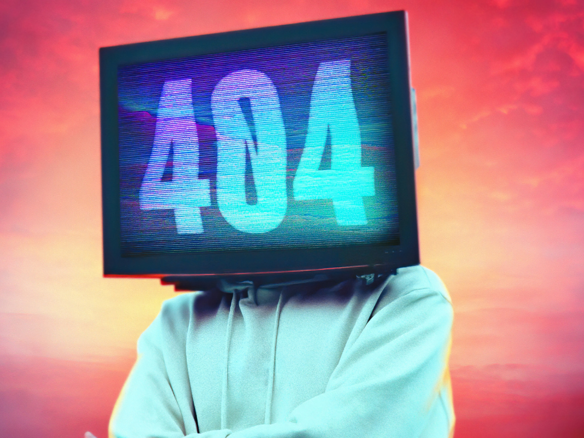 Монитор на лице с ошибкой 404 на красном фоне
