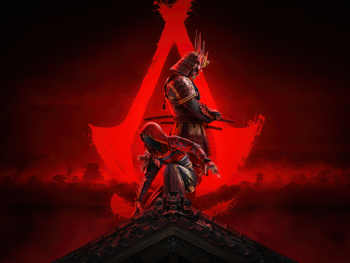Яркий красный постер компьютерной игры Assassin’s Creed Shadows, 2024